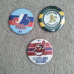 Vintage MLB Button Pin Backs Expos Indians Oakland A's 3 1/2" VGUC